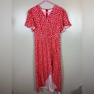 Retro Stage Floral Maxi Dress Hi-Low Flutter Sleeve Red White NWT Cottegecore XL